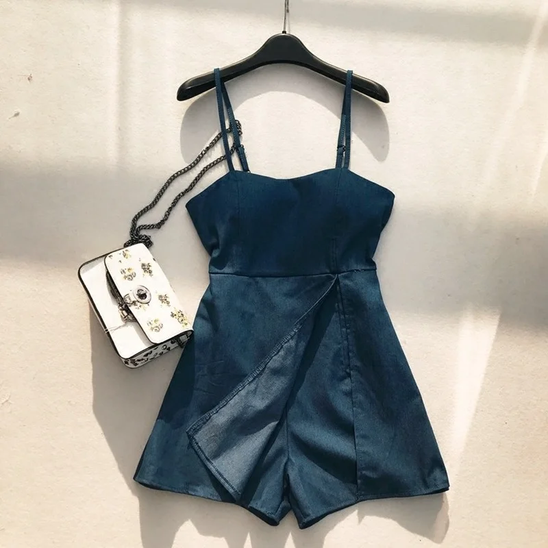 2021 летние новые джинсовые женские комбинезоны и Комбинезоны Короткие Голубые