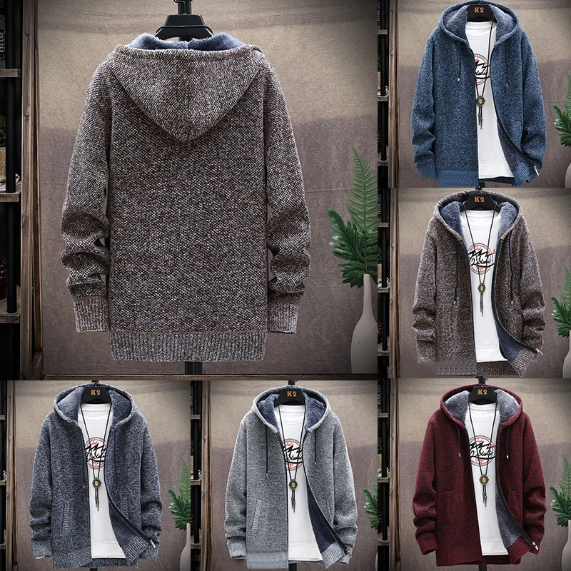 

Men's Hooded Knitted Jackets Autumn Winter Warm Zipper Fleece Coats Solid Color Casual Urban Style Slim Fit Cardigans Jackets