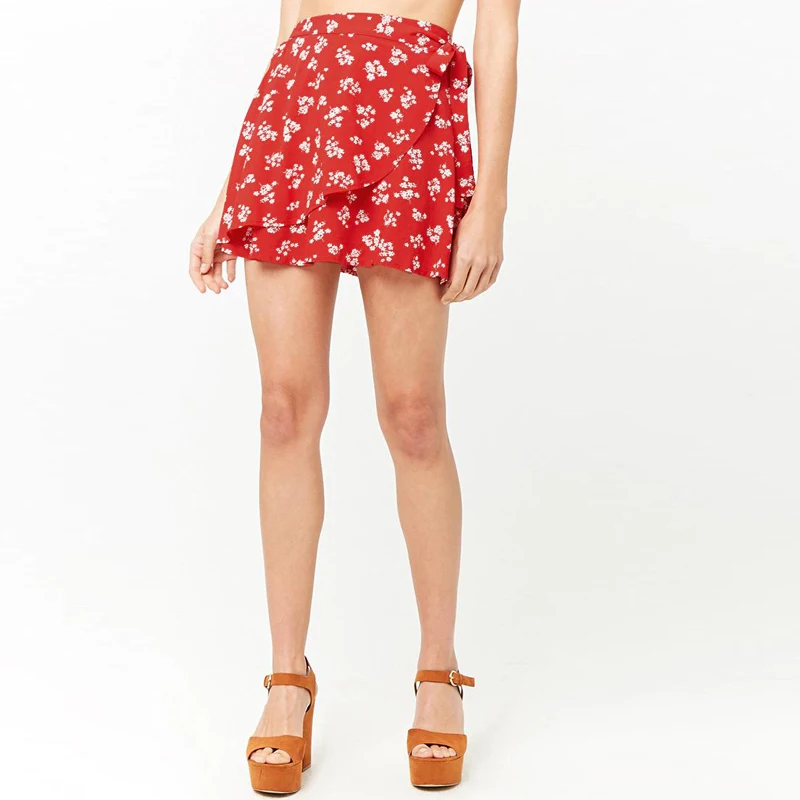 

High quality summer 100 rayon floral printed wrap front elastic waist woven mini short skirt for ladies