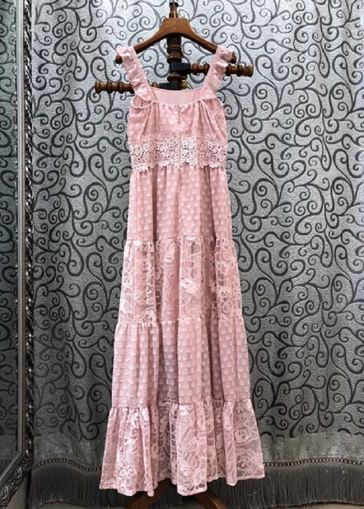 

Pink Long Dress 2020 Summer Sweet Princess Women Lace Embroidery Patchwork Spaghetti Strap Sexy Casual Long Maxi Dress Beach