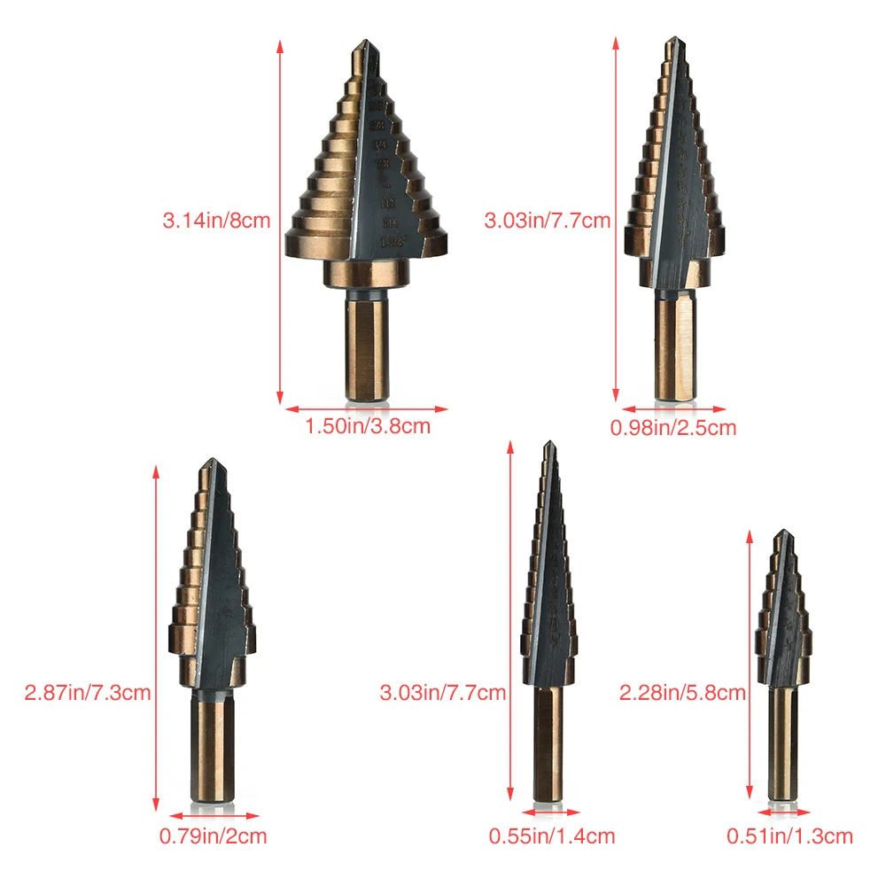 

5Pcs Drill Bits HSS Titanium Coated Step Drill Wood Set Power Tools Metal High Speed Steel Hole Cutter Step Cone Center Drills