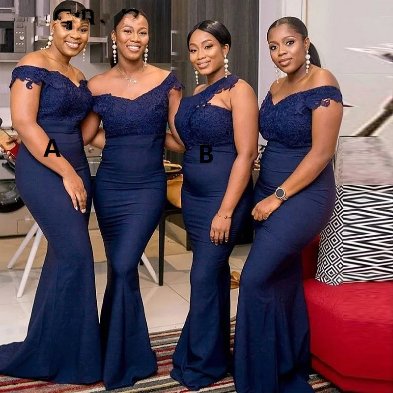 

Navy Blue Long Bridesmaid Dresses 2020 V Neck Off The Shoulder Applique Lace Wedding Party Gowns Cheap Women Dress Plus Size