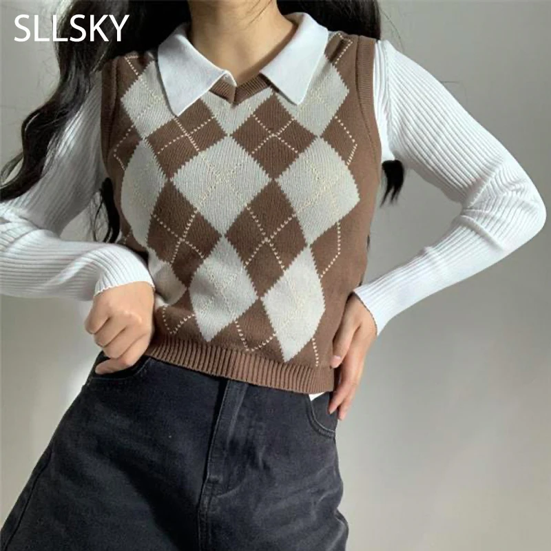 Женский вязаный жилет в клетку SLLSKY повседневный короткий с V образным вырезом без