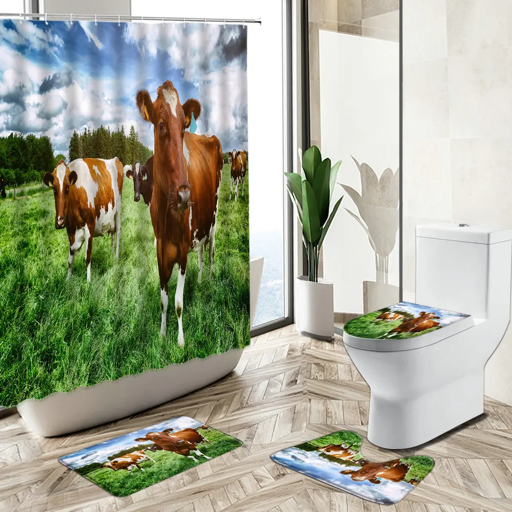 

Cow Farm Scenery Shower Curtains Cattle Animal Bathroom Sets Country Home Non-Slip Carpet Toilet Cover Bath Floor Mat Washable