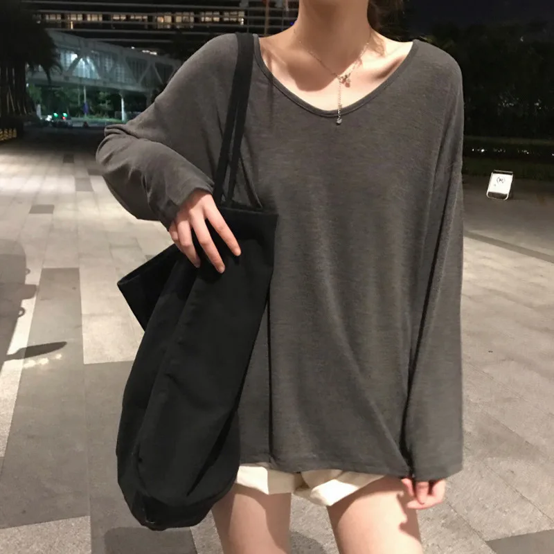 

Spring Long Sleeve T-shirt Women New Korean Version of Solid Color Joker V-neck Women Wear Inside Loose Pullover Women's T-shirt