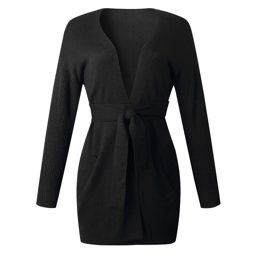

Casual Women Autumn Solid Color Open Front Sweater Cardigan Pockets Belt Coat Pop Woman Knitwear Cardigan Sweater