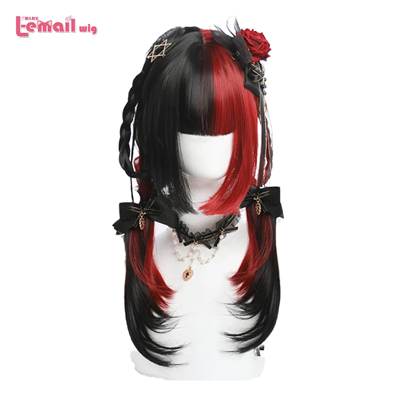 Парик L-email черно-красный парик Лолиты длинный прямой для косплея с челкой