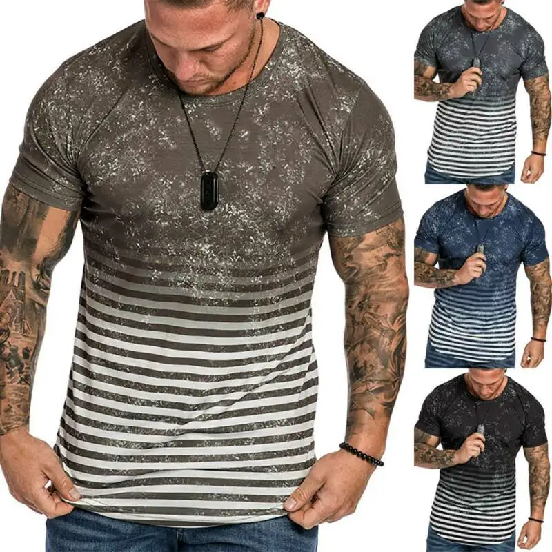 

Mens Gradient Summer Casual Striped Short Sleeve Shirts Sports T-Shirt Tee Tops