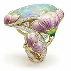Женское кольцо в форме цветка лотоса, массивное украшение с большим опалом и стразы, хороший подарок для свадьбы, вечеринки, юбилея