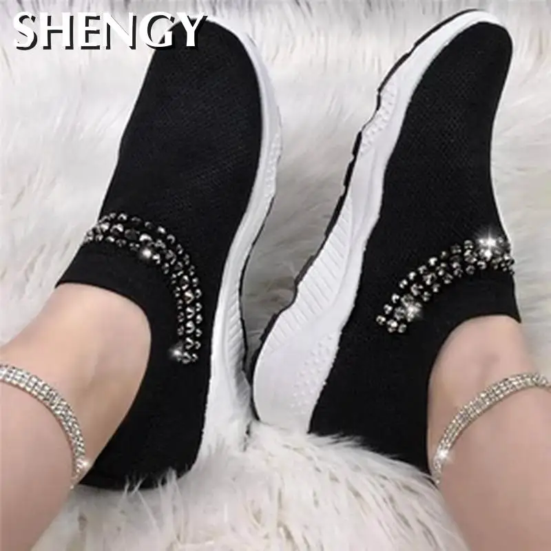 Женские кроссовки носки с кристаллами Повседневные вязаные без шнуровки