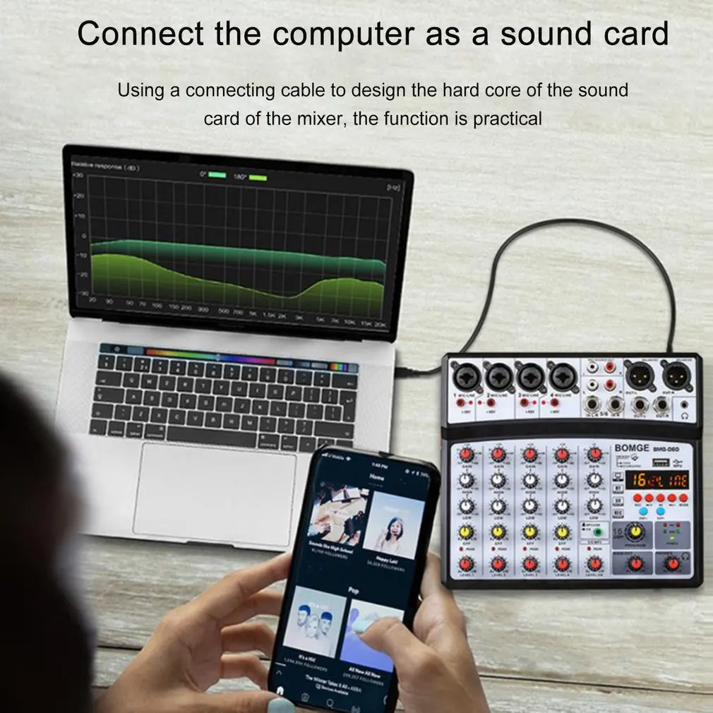 

Wireless 6 Channel Audio Mixer Portable Mixing Console USB Interface Sound Card With 16 DSP Echo Power Mixers