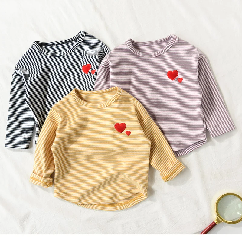 

New Baby Boys T-shirt Cartoon Heart Embroidery Striped Shirt Long-sleeve Clothing Autumn Girls Tops Tees Kids Clothes Hot Sale