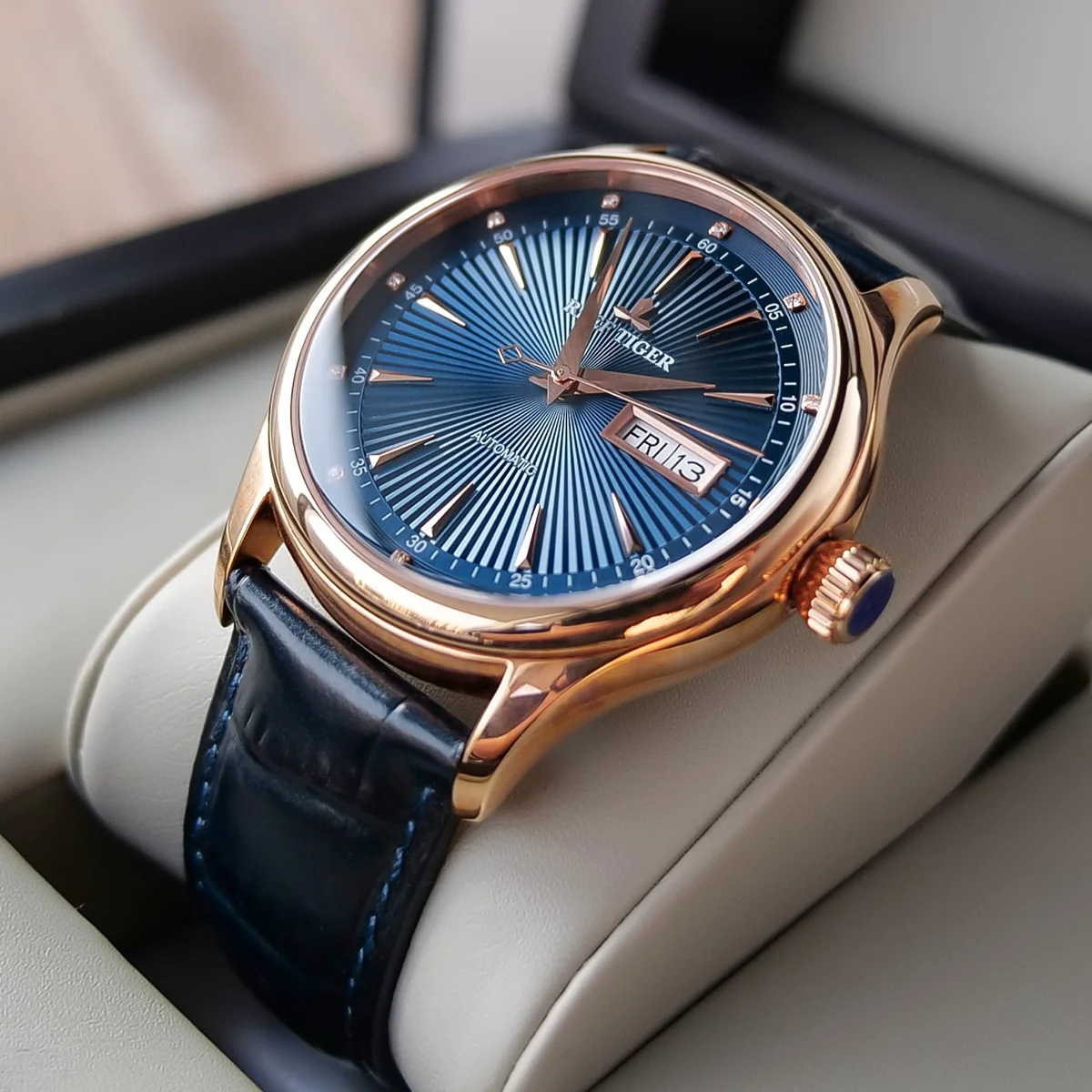 Мужские классические часы Reef Tiger/RT брендовые из розового золота с датой RGA8232|tiger