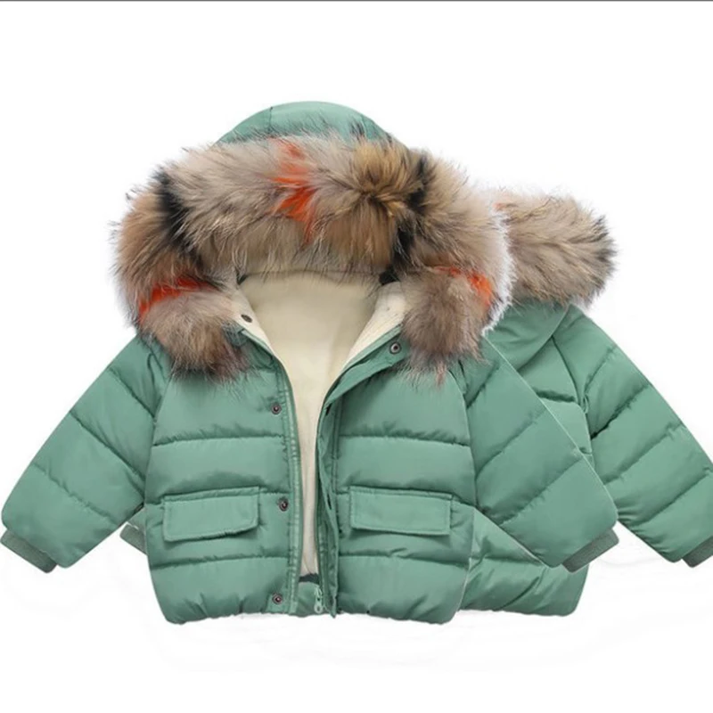 green Winter Fashion Girls Big Fur Collar Down Jacket Cotton Boy Hooded Jacket Thickening Children's Warm Cotton Jacket 3-8 years old - Цвет: green