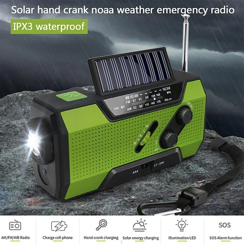 Портативный многофункциональный AM/FM/WB широковещательный динамик на солнечной батарее с заводной рукояткой радиоприемник стерео наружный фонарик power Bank SoS Alarm