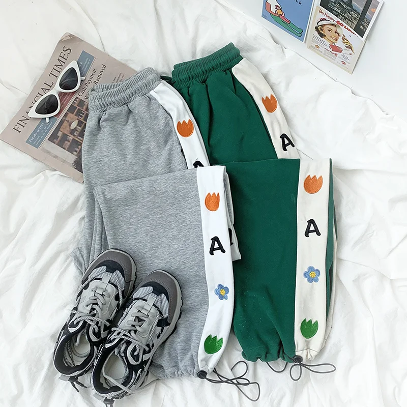 

Contrast Color Women Sweat Pant Side Embroidered Autumn Thin Elastic High Waist Green Gray Casual Pants