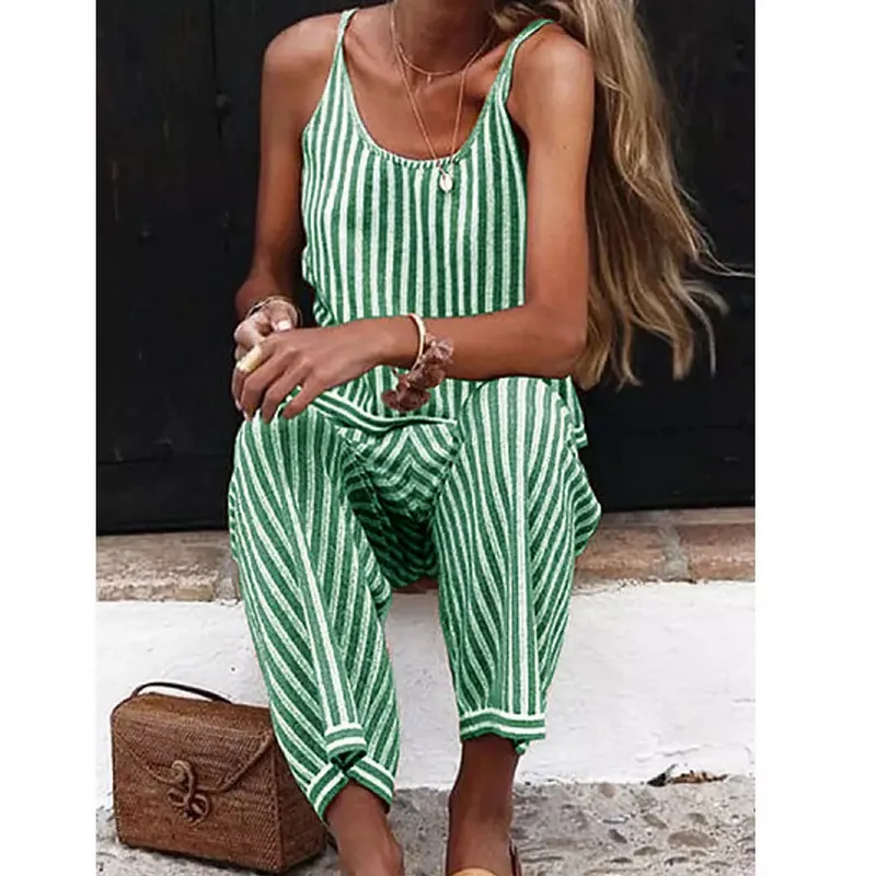 

Summer Beach Jumpsuit Women Casual Striped Spaghetti Strap Bodycon Long Romper Ladies Holiday Loose Jumpsuit Leotard Female