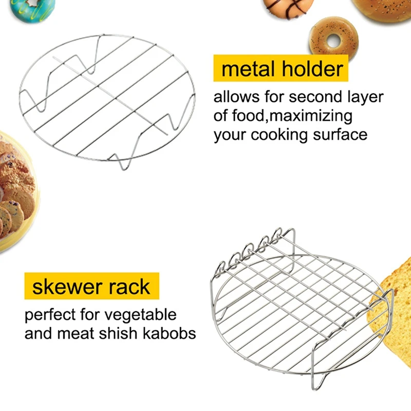 8Pcs 8 Inch Air Fryer Frying Cage Dish Baking Pan Rack Pizza Tray Pot Accessories Fit For 5.2~5.8Qt |