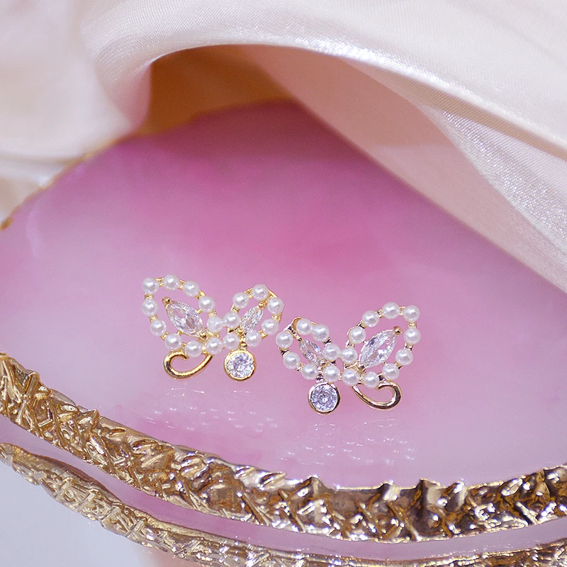 

High Quality 14K Real Gold Pearl Butterfly Earrings for Women Top Designer Luxury Jewelry AAA Zirconia S925 Silver Needle Stud