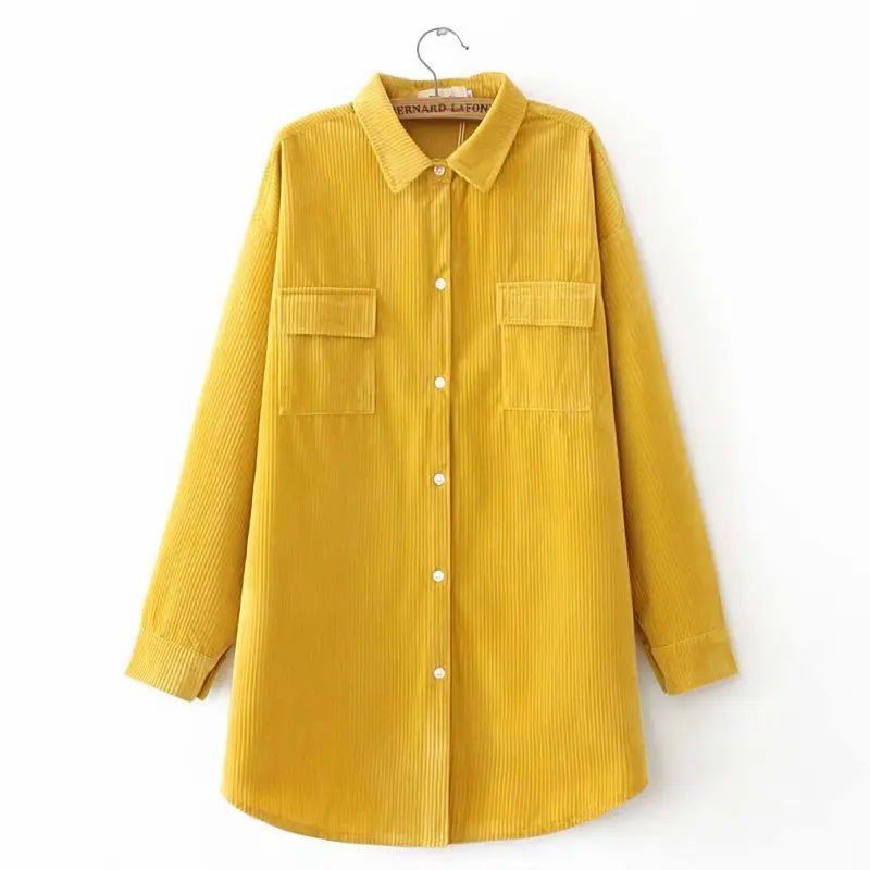 Lemon yellow Повседневные блузки размера плюс, осень, женские модные свободные вельветовые однотонные рубашки с длинным рукавом, F71-HT1088 - Цвет: Lemon yellow