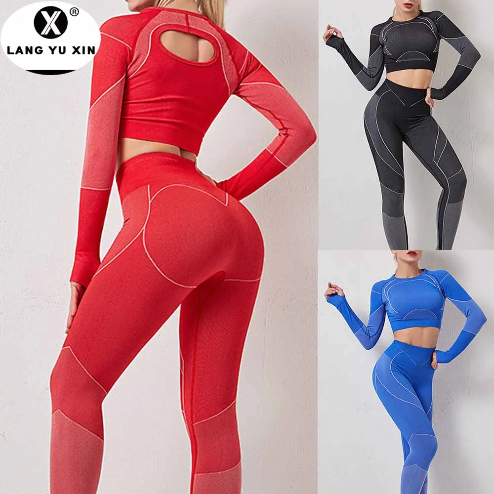 Для женщин бесшовный комплект из 2 предметов Спортивная Фитнес спортивный костюм