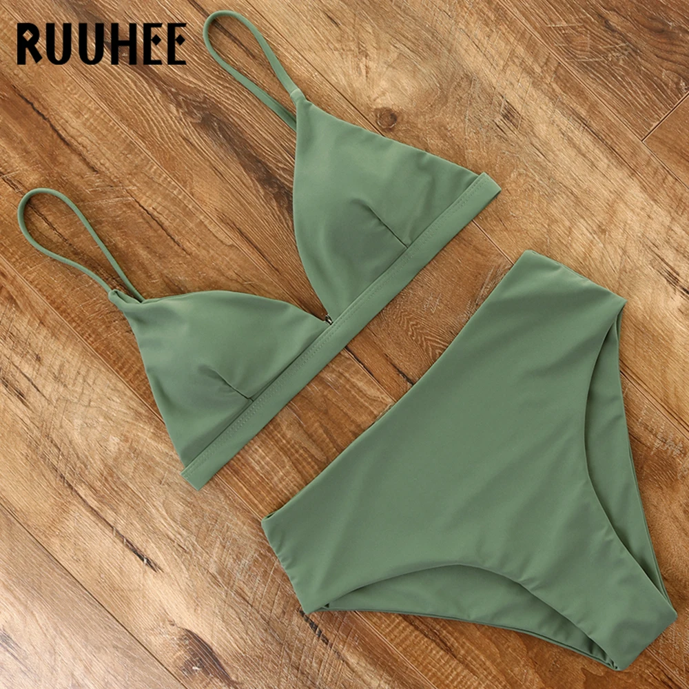 

RUUHEE 2023 Bikini Swimwear Swimsuit Women Solid Bathing Suit Green Neno Bikini Set With Pad Female High Waist Beachwear Biquini