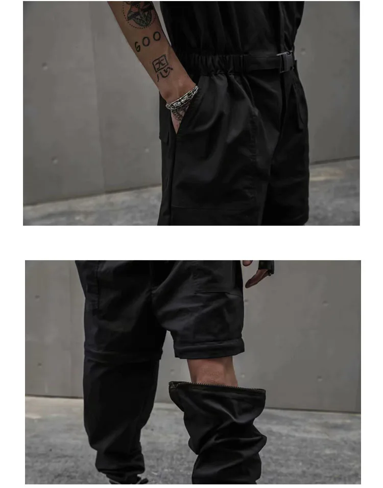 

Male Streetwear Overalls Jumpsuit Harem Trousers Men Summer Removable Leg Hip Hop Short Sleeve Casual Jumpsuit Cargo Pant