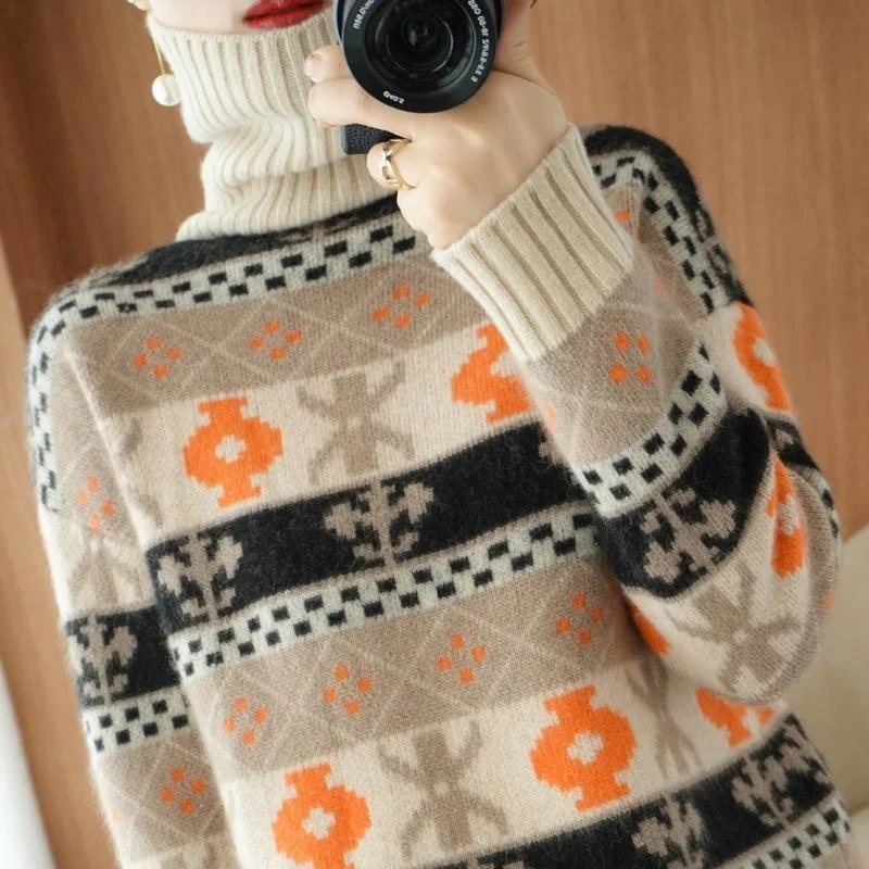 

21 Winter Cashmere Sweater Female High Neck Retro Jacquard 100% Wool Sweater Korean Loose Sweater Backing Sweater