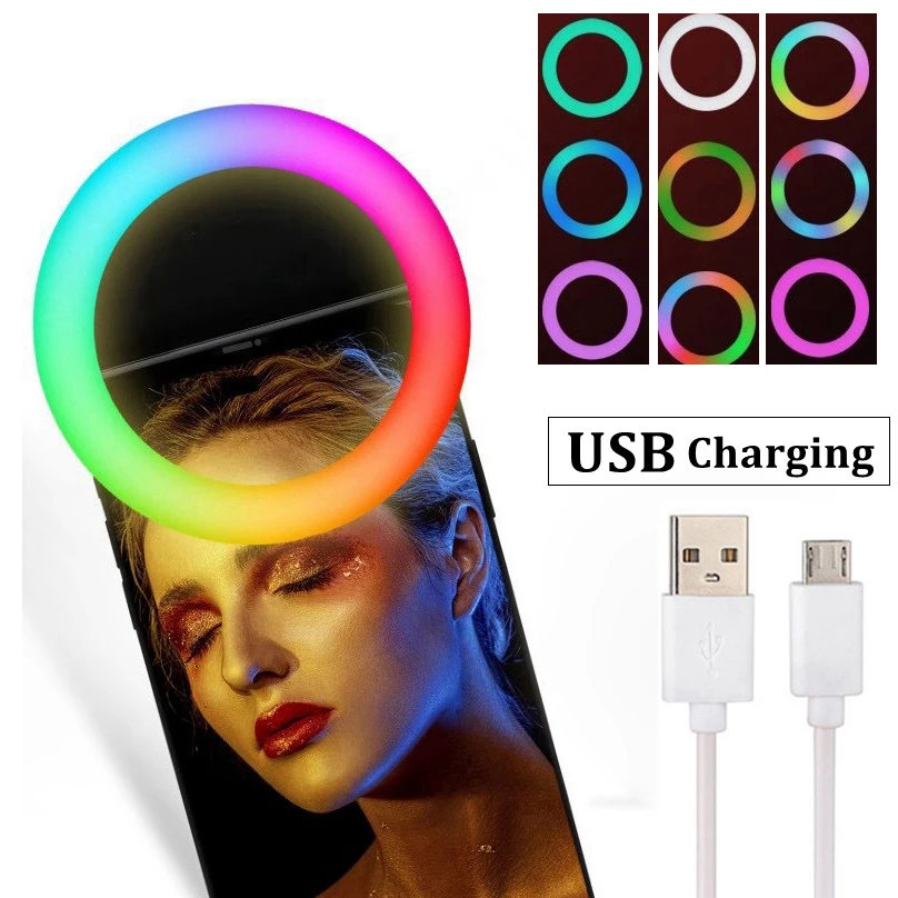 

Rechargable RGB LED Ring Mobile Phone Selfie Ring Flash Lens 3-level Brightness Fill Light Lamp Clip-on For Smartphone Light 3.3