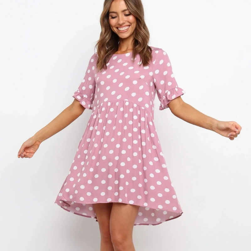 

Women Short Ruffle Sleeve Swing Mini Dress Summer Casual Beach Sundress Polka Dot Printing Round Neck Loose Fit