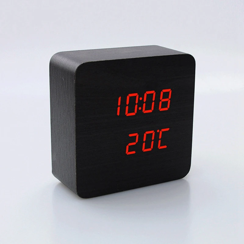 

Mini Wood Sounds Control Clock New Modern Wood Digital LED Desk Alarm Clock Bedside Table Clock Calendar Table Decor
