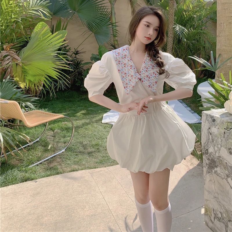

Korea Chic Women Dress 2021 Summer Ladies Elegant Temperament Lapel Floral Slimming Puff Sleeve M214