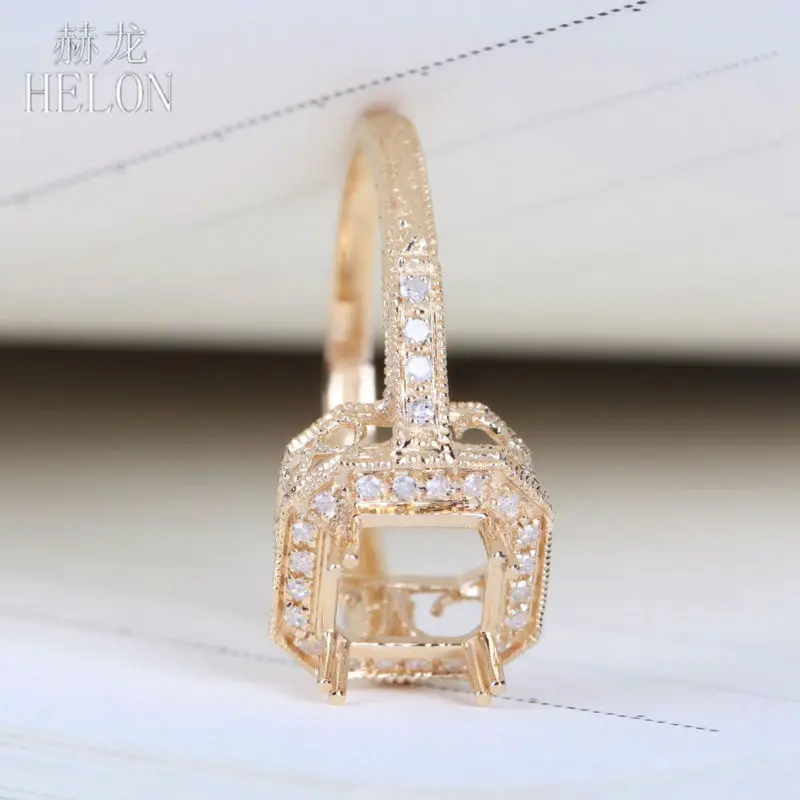

HELON 7X7MM Cushion Solid 14k Yellow Gold Natural Diamonds Semi Mount Engagement Wedding Ring Women Vintage Fine Jewelry Gift