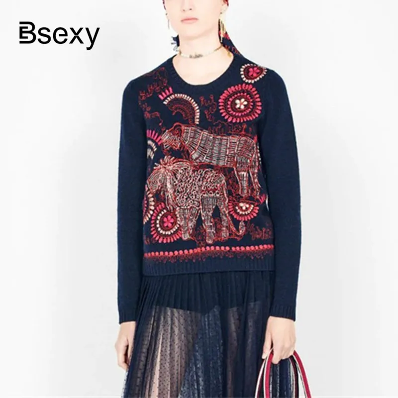 Роскошный женский свитер 2020 Runway Темно-Синий Свободный пуловер с вышивкой