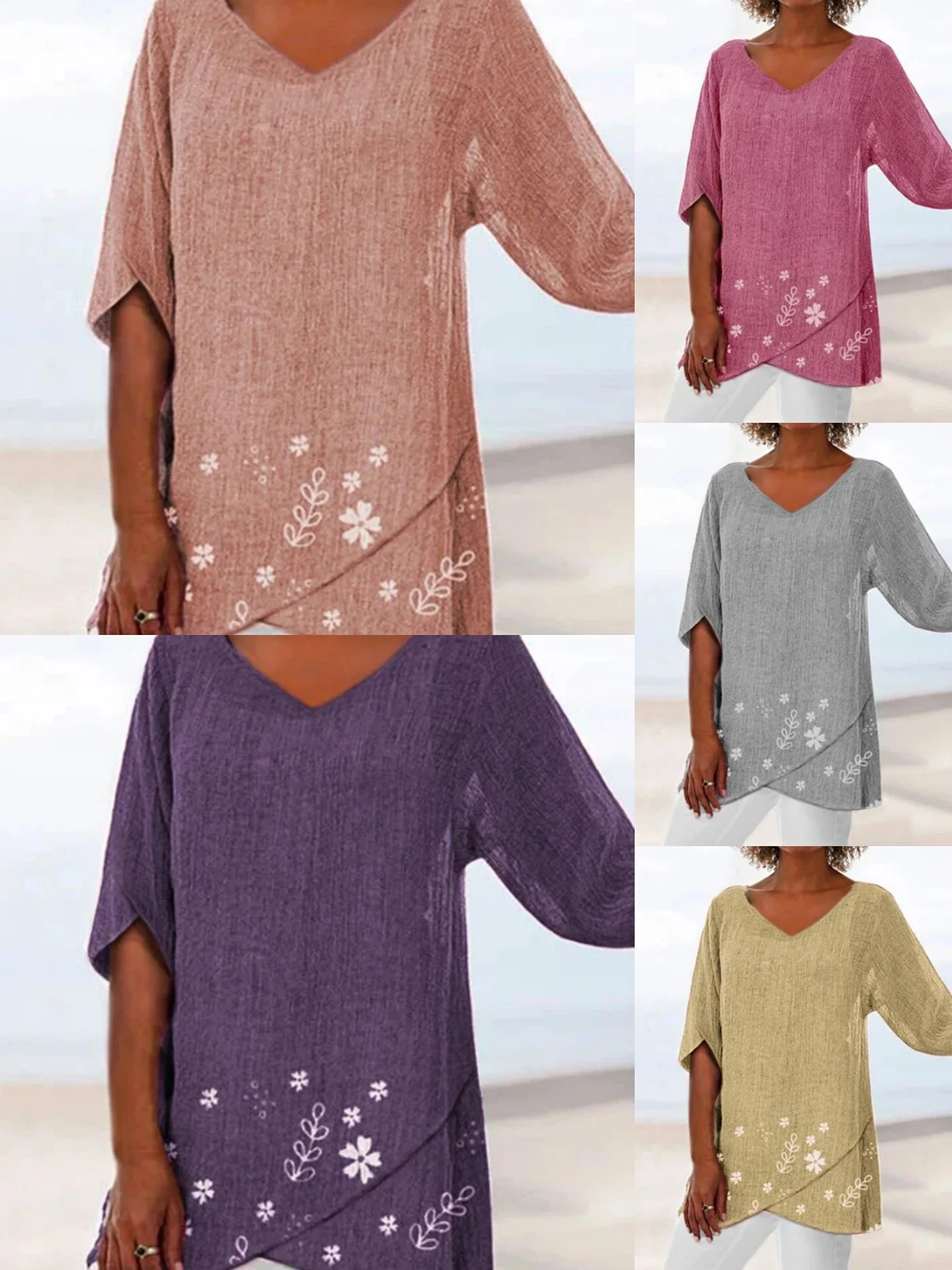 New women's floral print V-neck medium sleeve irregular T-top in autumn and summer 2020