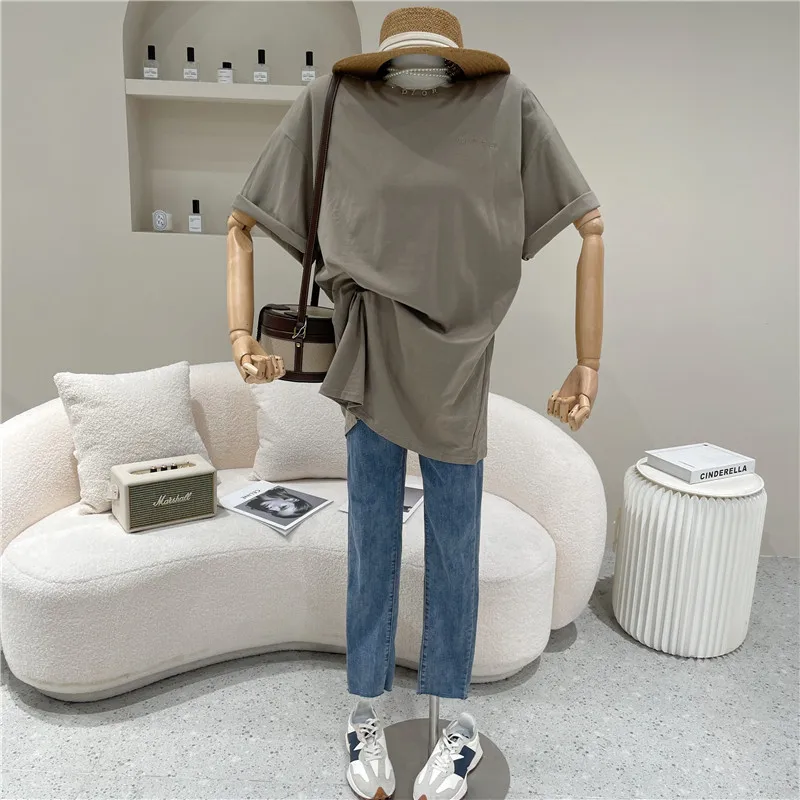 

Niche Design Women's Spring Summer 2021 Fashion Loose Large T-shirt Medium Length Solid Round Neck Top