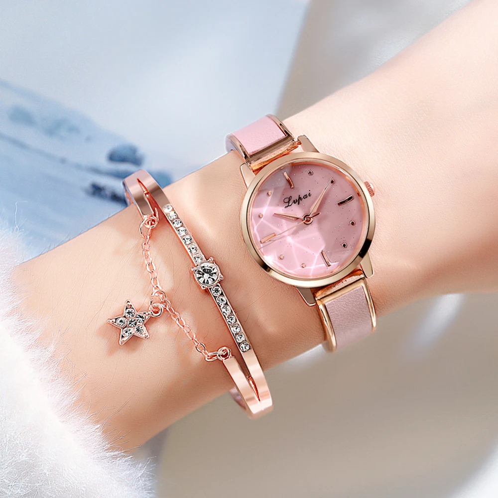 

Женские кварцевые часы Lvpai, роскошные часы цвета розового золота с изображением звездного неба, простые наручные часы с браслетом, 2 шт./комп...