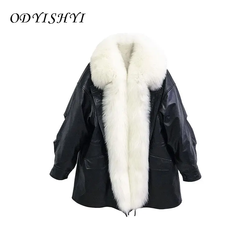 

2020 Women Clothing Winter Coats Black PU Leather Jacket Thick Fashion Street Lady Removable Big Fur Collar Loose Outwears Warm
