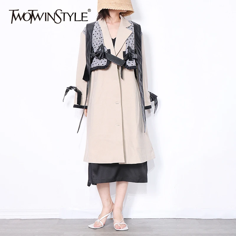 

TWOTWINSTYLE Casual Patchwork Hit Color Windbreaker For Women Lapel Long Sleeve Korean Trench Female Fashion New Clothing Fall
