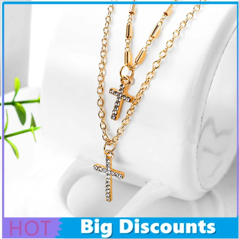 

New Style Fashion Simple Religious Jewelry Gift Women Double Layer Clavicular Chain Cross Pendant Necklace Accessories