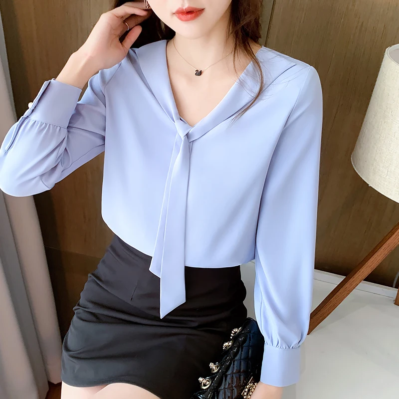 

Chiffon Loose Women's Shirts New Fashion Blouses Casual Long Sleeve Blusas Solid Color Bow Tie Shirts Summer Houthion