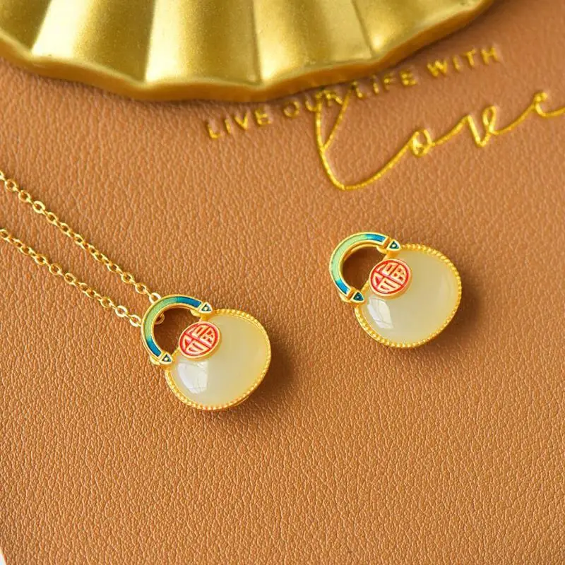 

Designer original new natural Hetian jade inlaid blessing pendant necklace simple fashion exquisite ladies silver jewelry