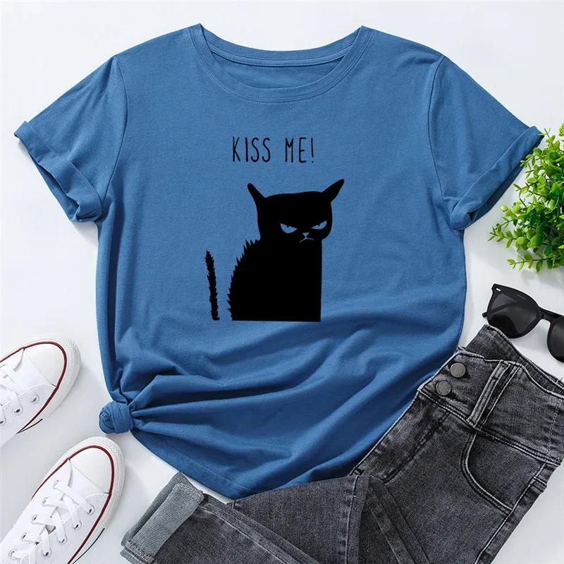 

Summer Top Women Plus Size S-5XL T-shirt Cute Cat Letter Print TShirt Women 100%Cotton Graphic T Shirts O Neck Short Sleeve Tees