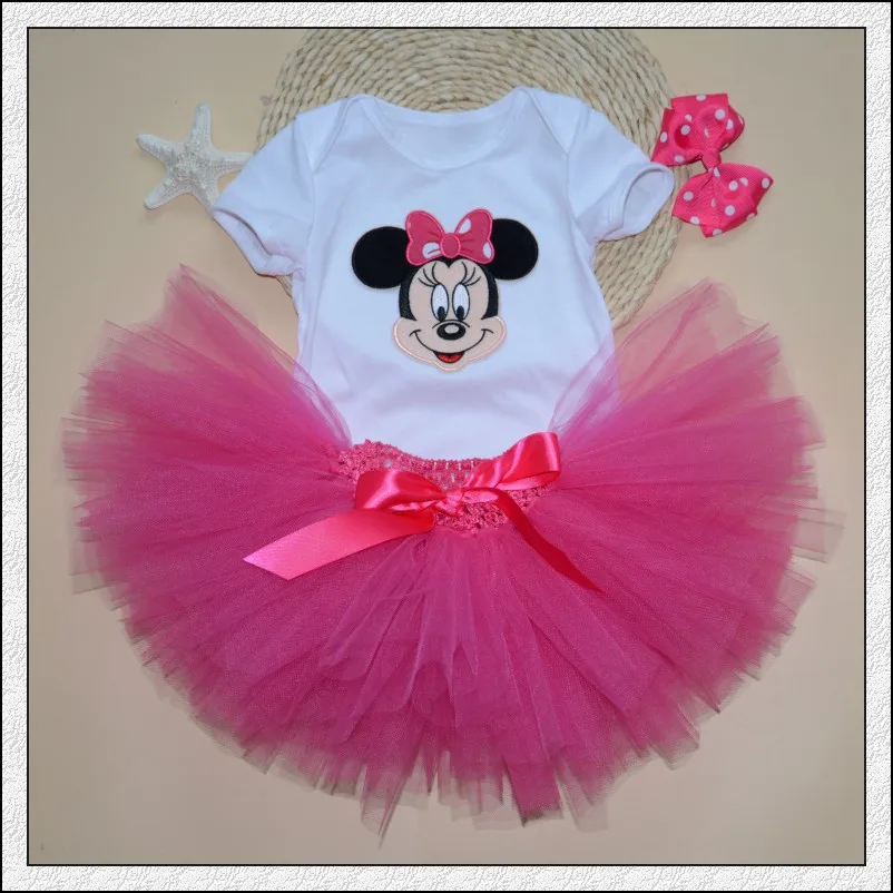 rose Minnie 3 шт./компл. для маленьких девочек крона для балетной пачки платье для младенцев 1st День рождения»; комбинезон для девочек и мальчиков; Пышная юбка повязка на голову, фатиновое платье для малышей - Цвет: rose Minnie