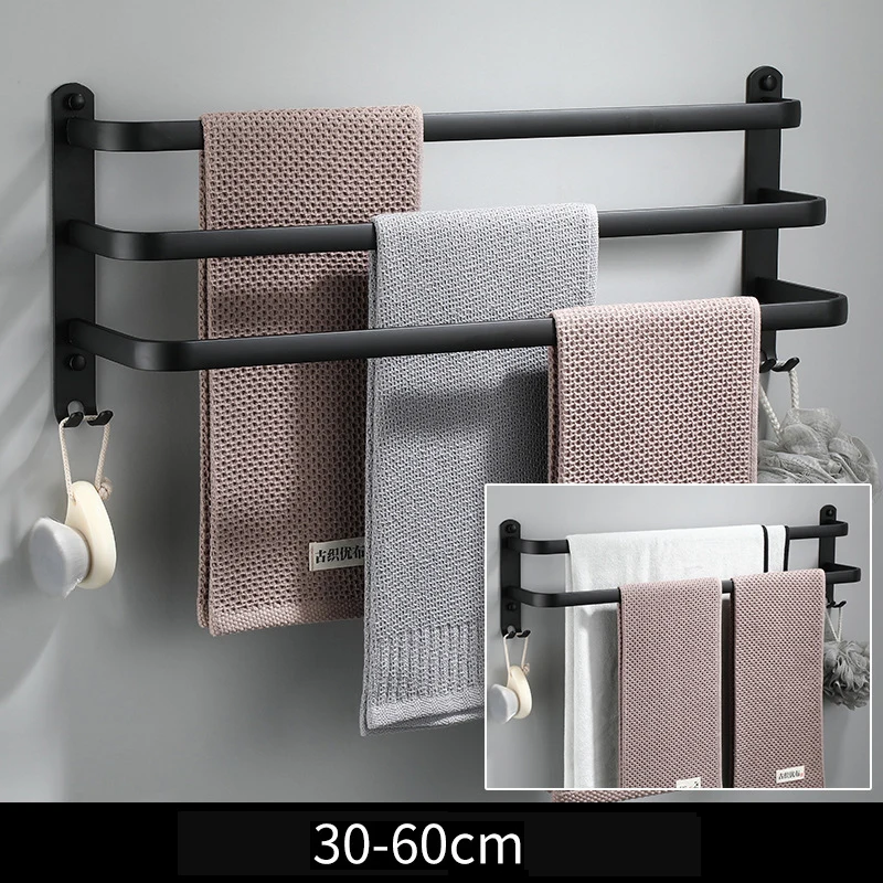 

30-50CM Bathroom Towel Rack Wall Mounted Shower Room Holder Aluminum Multilayer Layer Wiht Hook Black Hanger Accessories