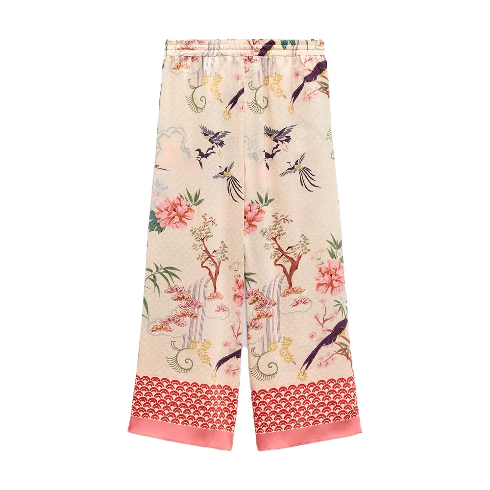 

2021 Za Women New Chic Fashion Print Homewear Wide Leg Pants Vintage High Waist Waist Drawstring Female Ankle Trousers Mujer
