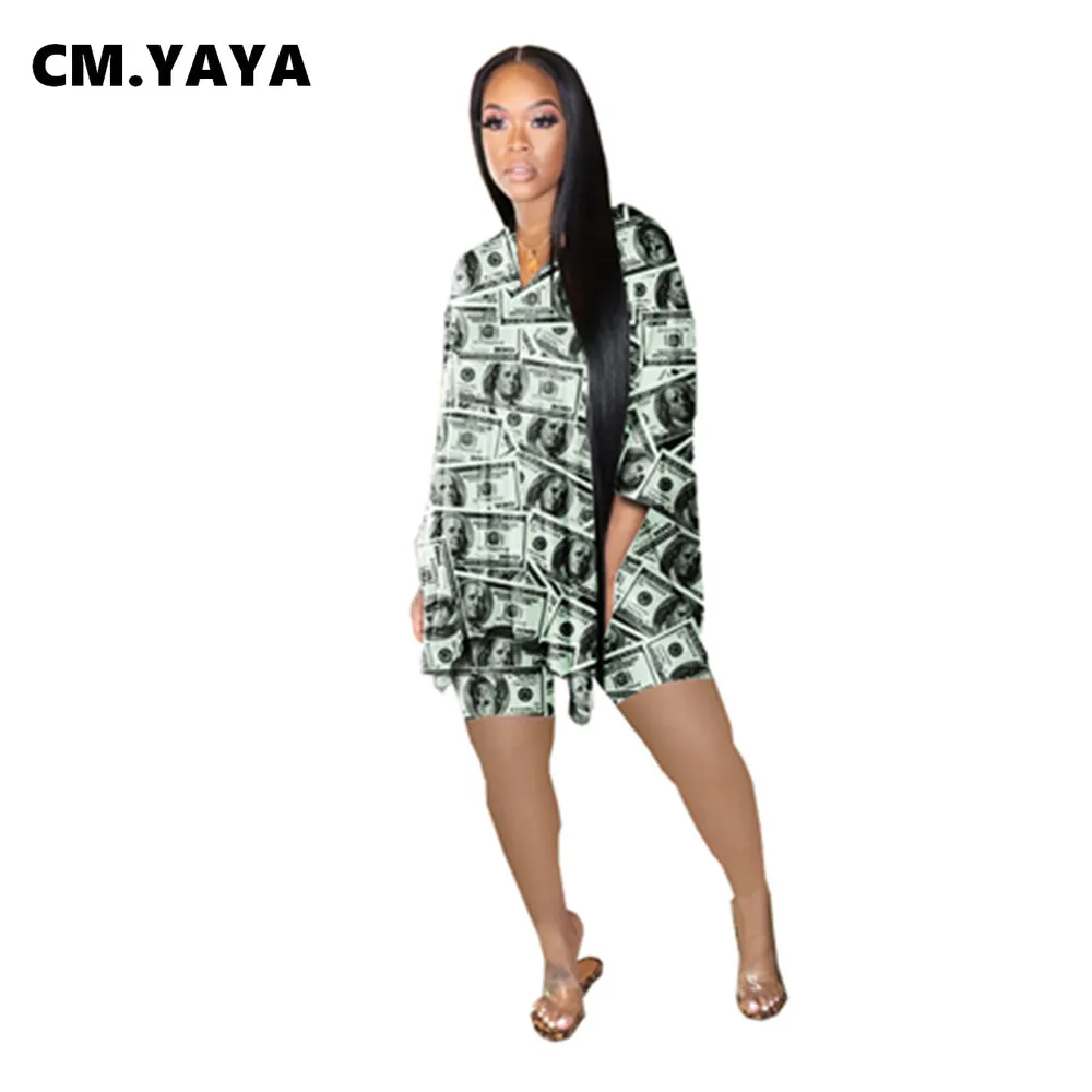 

Женский комплект из 2 предметов CM.YAYA, Свободный Топ с рукавом три четверти и V-образным вырезом и шорты с эластичным поясом, повседневный спор...