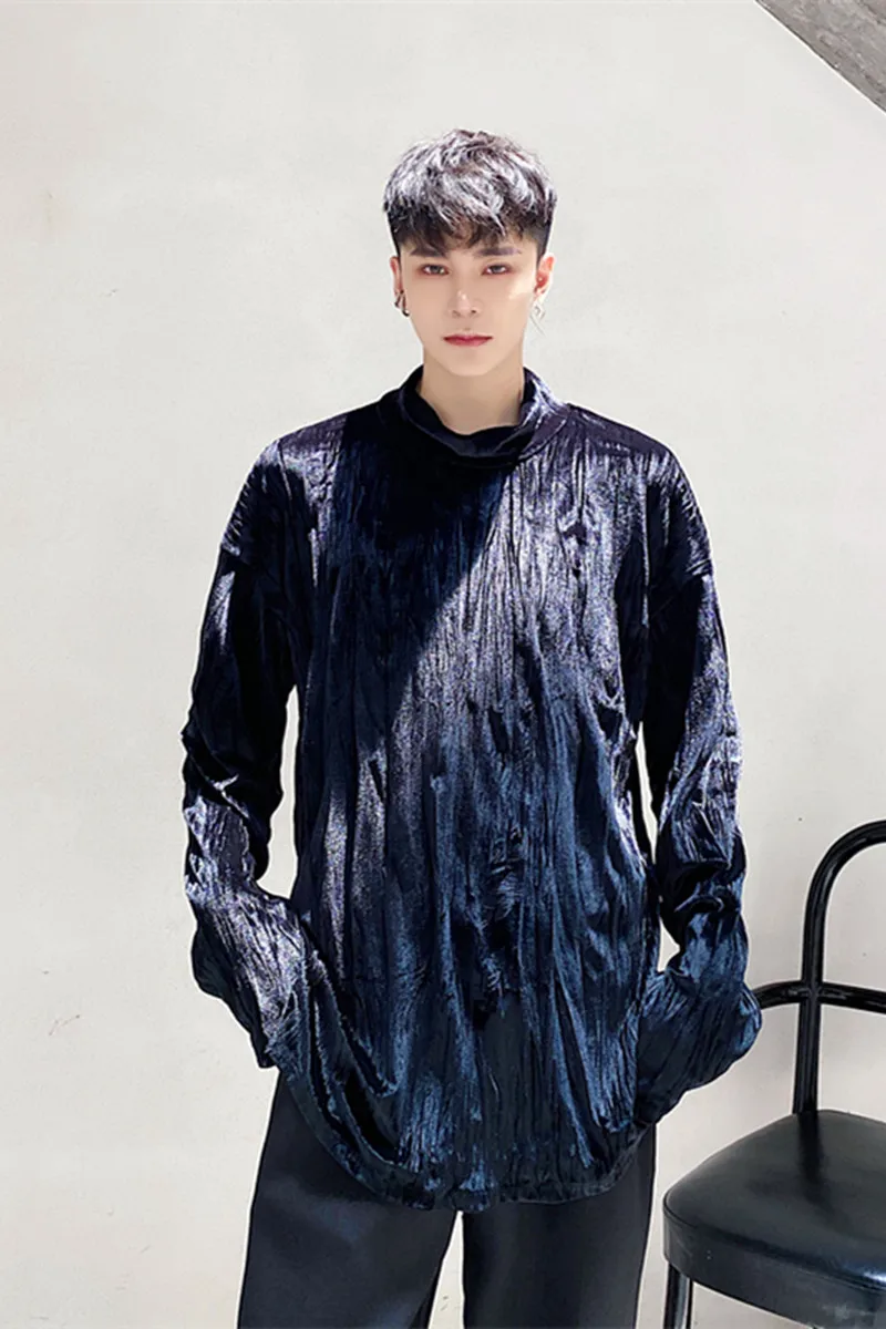 

Male Women Couple Streetwear Vintage Fashion Tee Shirt Men Removable Chain Velvet Pleated Long Sleeve Loose Bottoming Shirt