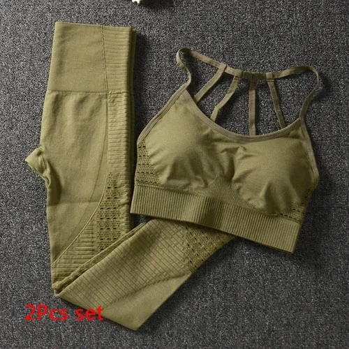 Army green 2Pcs Set Энергетический бесшовный Набор для йоги Женская одежда для фитнеса спортивная женская спортивная одежда леггинсы для спортзала сексуальный спортивный бюстгальтер 2 шт. спортивные костюмы - Цвет: Army green 2Pcs Set