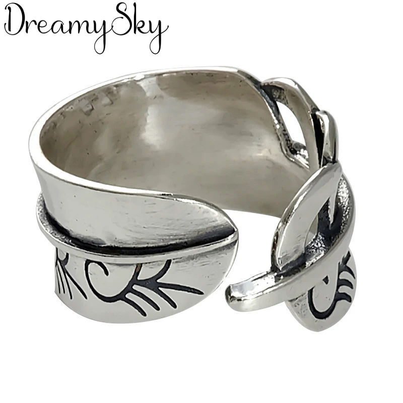 Женские кольца с большими листьями DreamySky открытые серебристого цвета в стиле
